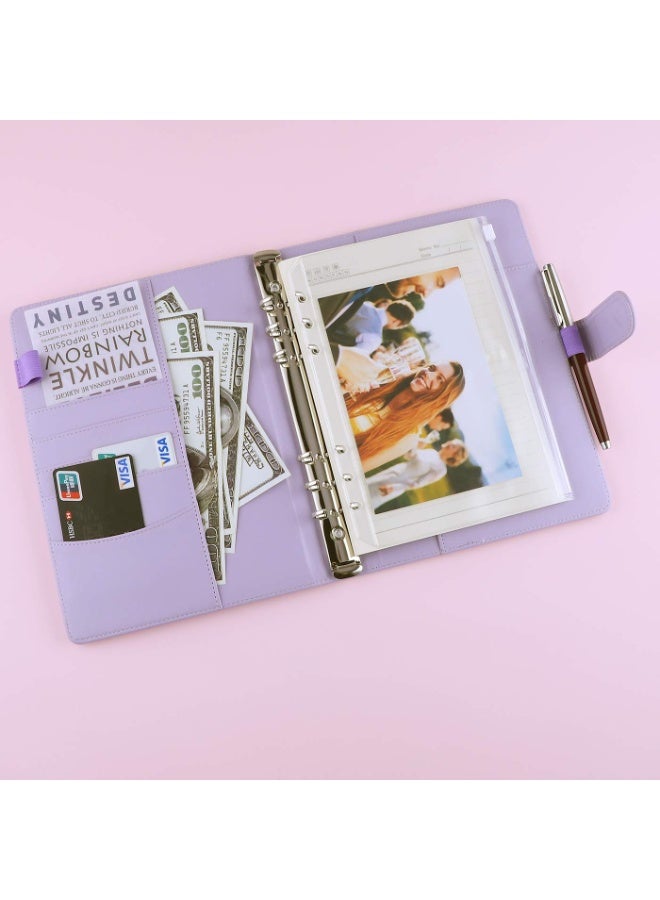 1Pcs Purple A5 Notebook Binder 6 Ring Refillable Budget Planner Cover for Cash Organizer, PU Leather Loose Leaf Kpop Photocard Holder Small Binder for A5 Planner Inserts with Magnetic Buckle - Image 3