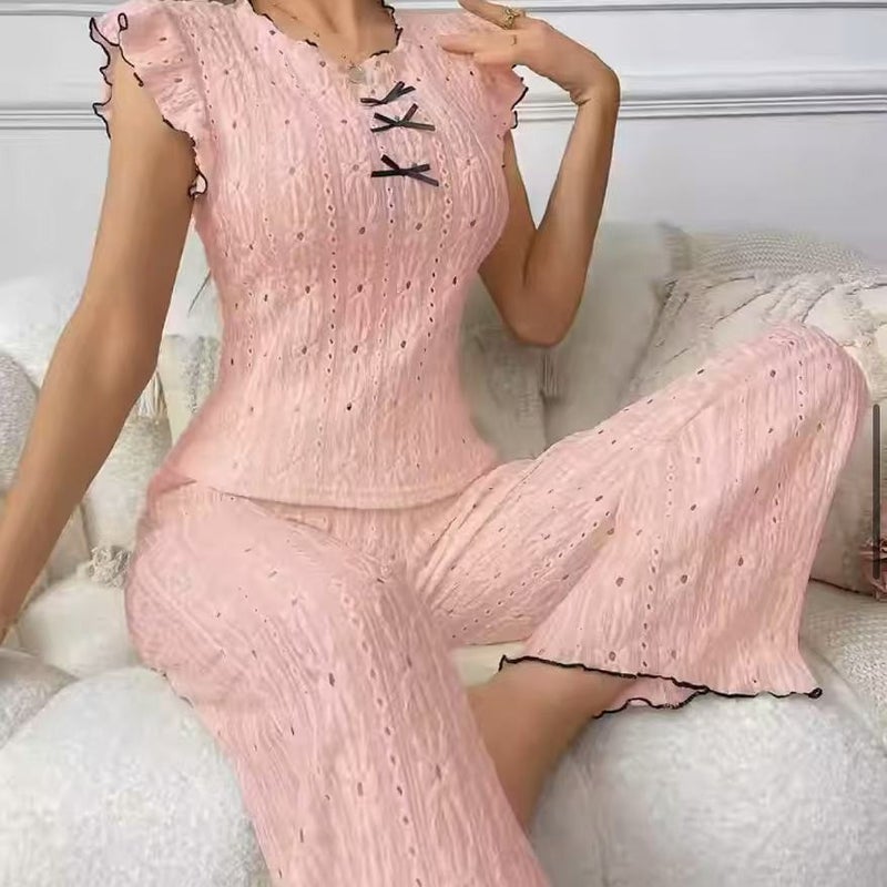 طقم نوم نسائي من الدانتيل بقوس، رقبة على شكل V، قطعتين - Image 4