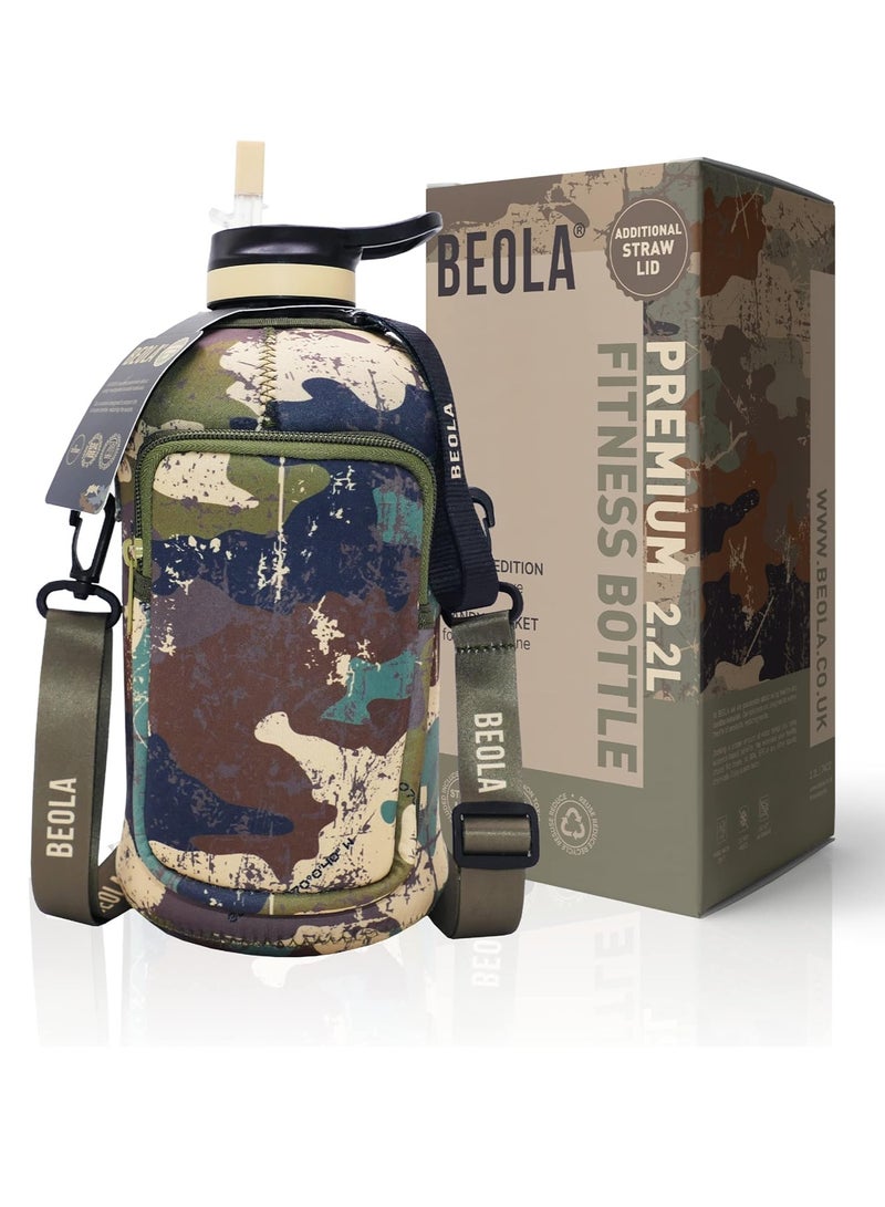 بيولا زجاجة مياه سعة 2.2 لتر بنصف جالون مع غطاء من القش وغطاء تبريد، زجاجة رياضية كبيرة للياقة البدنية خالية من مادة تريتان BPA مع مقبض، 74 أونصة - Image 1