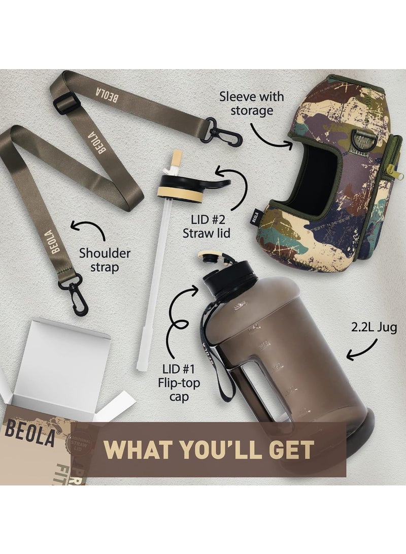 بيولا زجاجة مياه سعة 2.2 لتر بنصف جالون مع غطاء من القش وغطاء تبريد، زجاجة رياضية كبيرة للياقة البدنية خالية من مادة تريتان BPA مع مقبض، 74 أونصة - Image 2