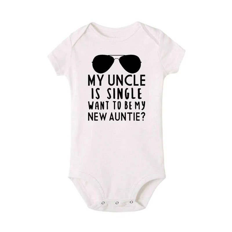 Matching Family Outfits “My Uncle Is Single” Funny Baby Romper – Cute Sunglasses Print Infant Bodysuit, Soft Cotton Short Sleeve Newborn Outfit, Unisex Baby Boy Girl Jumpsuit, Playful Family Humor Baby Gift (WHITE)