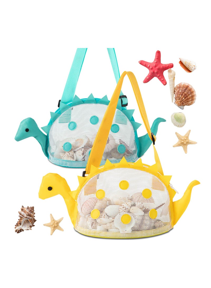 KASTWAVE Beach Mesh Bag for Kids, Dinosaur Shaped Shell Collecting Bag with Adjustable Carrying Straps for Rock Collection Shark Tooth Hunting (2Pcs) - Image 1