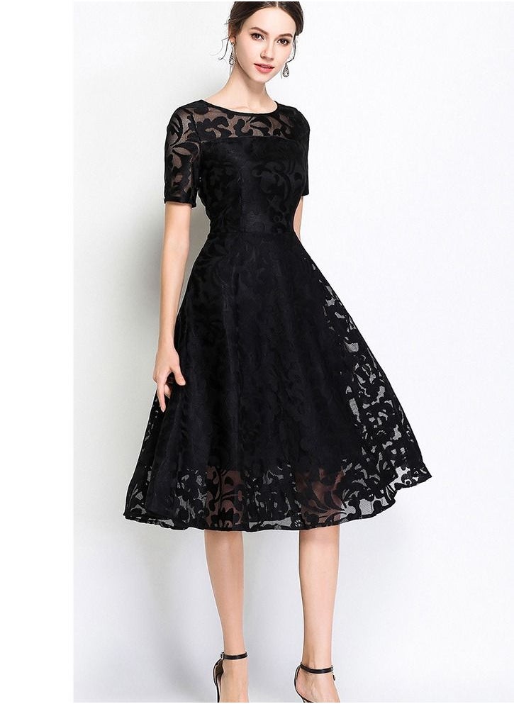 Generic Short sleeve long lace large swing dress  - Image 3