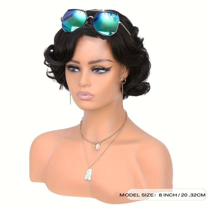 بيروكا صناعية سوداء مجعدة على شكل بوب للنساء، قصيرة 8 بوصات، نمط غير متماثل مسبق القَص - Image 5