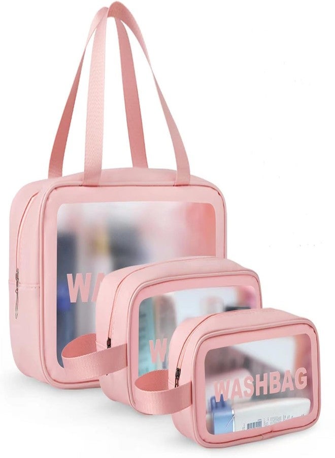 RADHEHUL Upgrade Travel Toiletry Bags for Women, Pack-3 Different Size Make Up Bags with Handle, Large Capacity Translucent Waterproof Travel Cosmetic Bags (Comestic Bag-Pink) - Image 2