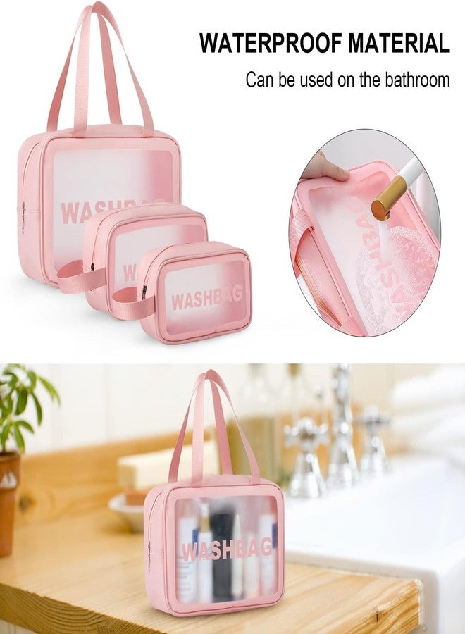 RADHEHUL Upgrade Travel Toiletry Bags for Women, Pack-3 Different Size Make Up Bags with Handle, Large Capacity Translucent Waterproof Travel Cosmetic Bags (Comestic Bag-Pink) - Image 3