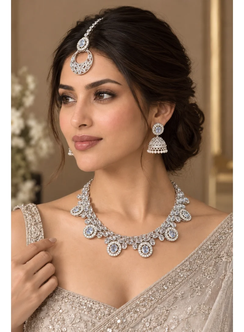 Lehar Silver-Tone Ice Blue Kundan Necklace Set with Jhumka Earrings & Maang Tikka - Indian Bridal Jewelry