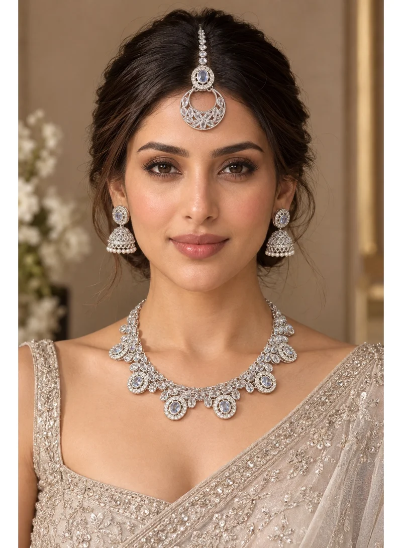 Lehar Silver-Tone Ice Blue Kundan Necklace Set with Jhumka Earrings & Maang Tikka - Indian Bridal Jewelry