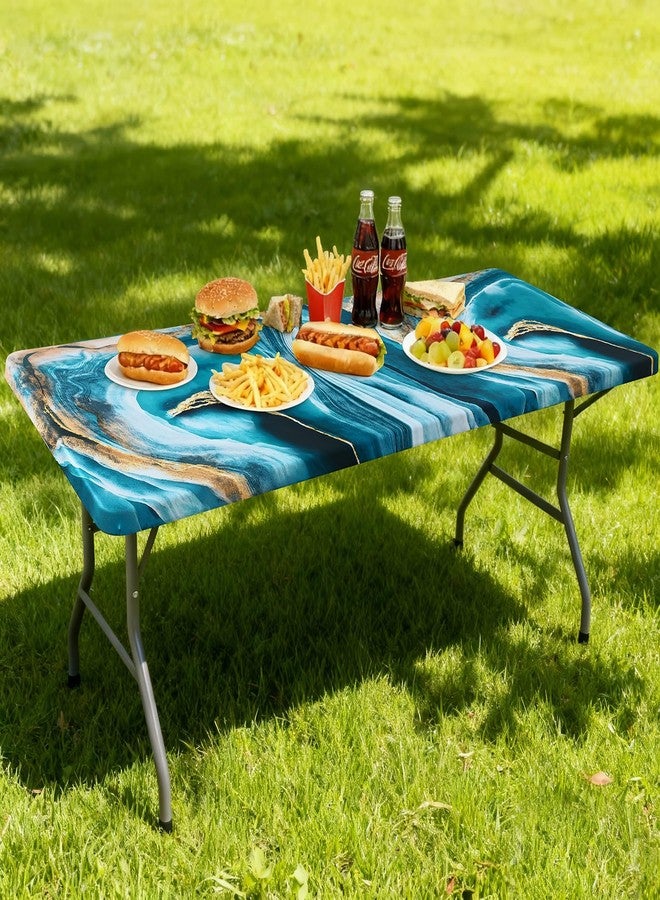 Moosfor Rectangle Fitted Table Cloth, Waterproof Spandex Elastic Tablecloths, Fits for 6 Foot Folding Tables, Stretch Washable Table Cover for Picnic, Camping, Outdoor (Ripples, 30"x72") - Image 2