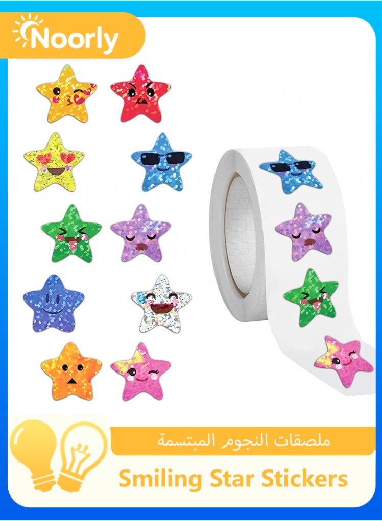 Noorly Smiling Star Stickers, 500 Pcs Waterproof Practical Sticker Roll for Kids, Reward Stickers Roll with Glitter Finish, Self-Adhesive Reward Stickers for Classroom, Homework Books, Chore Charts & Crafts - Image 1
