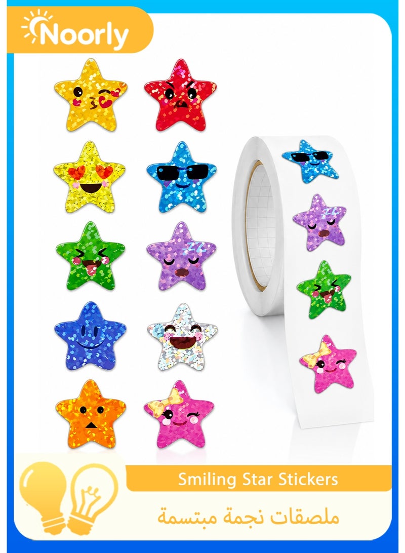 Noorly Smiling Star Stickers, 500 Pcs Waterproof Practical Sticker Roll for Kids, Reward Stickers Roll with Glitter Finish, Self-Adhesive Reward Stickers for Classroom, Homework Books, Chore Charts & Crafts - Image 1
