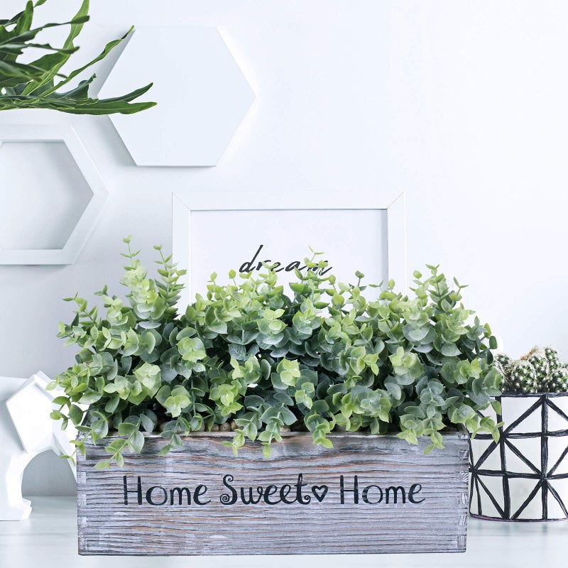 Winlyn 1 Pcs Wooden Potted Eucalyptus Plant Greenery Arrangement Artificial Eucalyptus Plant in Rectangular Wood Planter Box for Rustic Farmhouse Indoor Centerpiece Tabletop Window Sills Kitchen Shelf Decor - Image 5