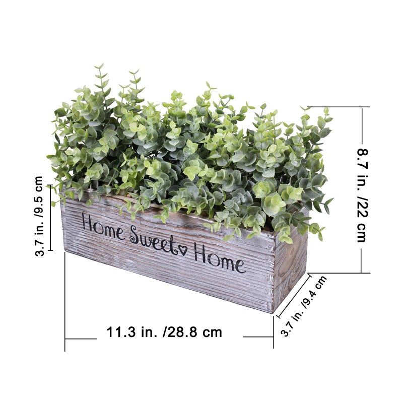 Winlyn 1 Pcs Wooden Potted Eucalyptus Plant Greenery Arrangement Artificial Eucalyptus Plant in Rectangular Wood Planter Box for Rustic Farmhouse Indoor Centerpiece Tabletop Window Sills Kitchen Shelf Decor - Image 2