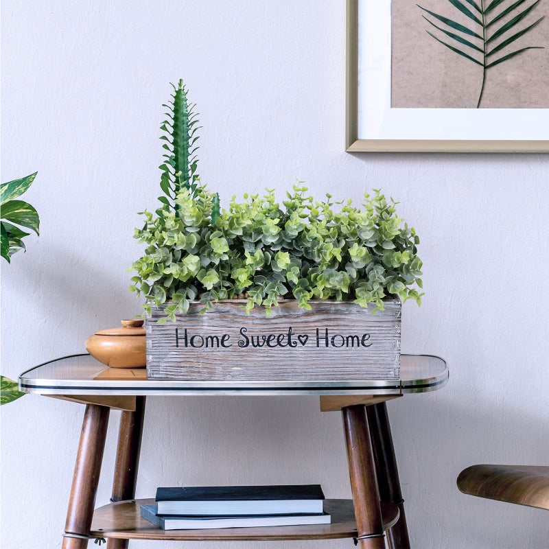 Winlyn 1 Pcs Wooden Potted Eucalyptus Plant Greenery Arrangement Artificial Eucalyptus Plant in Rectangular Wood Planter Box for Rustic Farmhouse Indoor Centerpiece Tabletop Window Sills Kitchen Shelf Decor - Image 4