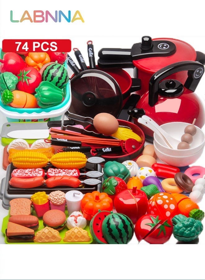 LABNNA 74 pcs Play Food Set for Kids Kitchen,Pretend Food Toy for Toddlers Cutting Fake Food Fruit Vegetable Accessories,Basic Skills Development Gift for Toddlers Children Birthday Gifts - Image 1