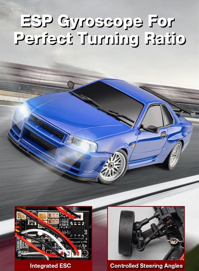 SVERTIBO LD1899 1/18 Scale RC Drift Car, GTR R34 2.4GHz RWD Mini Model Car with Gyro, Alloy Body Shell Racing Cars for Adults Toys (Silver-Blue) - Image 2