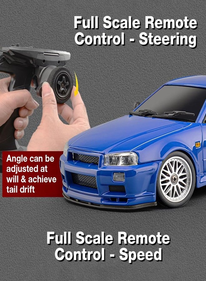 SVERTIBO LD1899 1/18 Scale RC Drift Car, GTR R34 2.4GHz RWD Mini Model Car with Gyro, Alloy Body Shell Racing Cars for Adults Toys (Silver-Blue) - Image 5