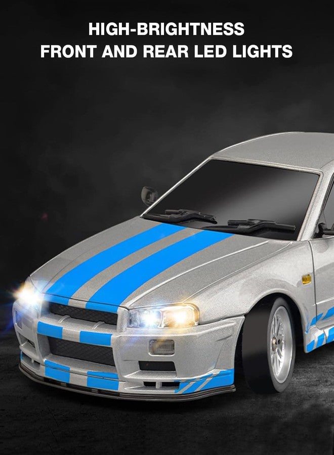 SVERTIBO LD1899 1/18 Scale RC Drift Car, GTR R34 2.4GHz RWD Mini Model Car with Gyro, Alloy Body Shell Racing Cars for Adults Toys (Silver-Blue) - Image 4