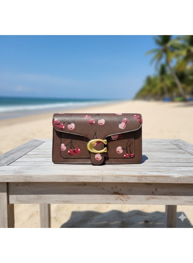 Coachoutlet Tabby Satchel Bag, Cherry Design, Gold Hardware with long belt strap