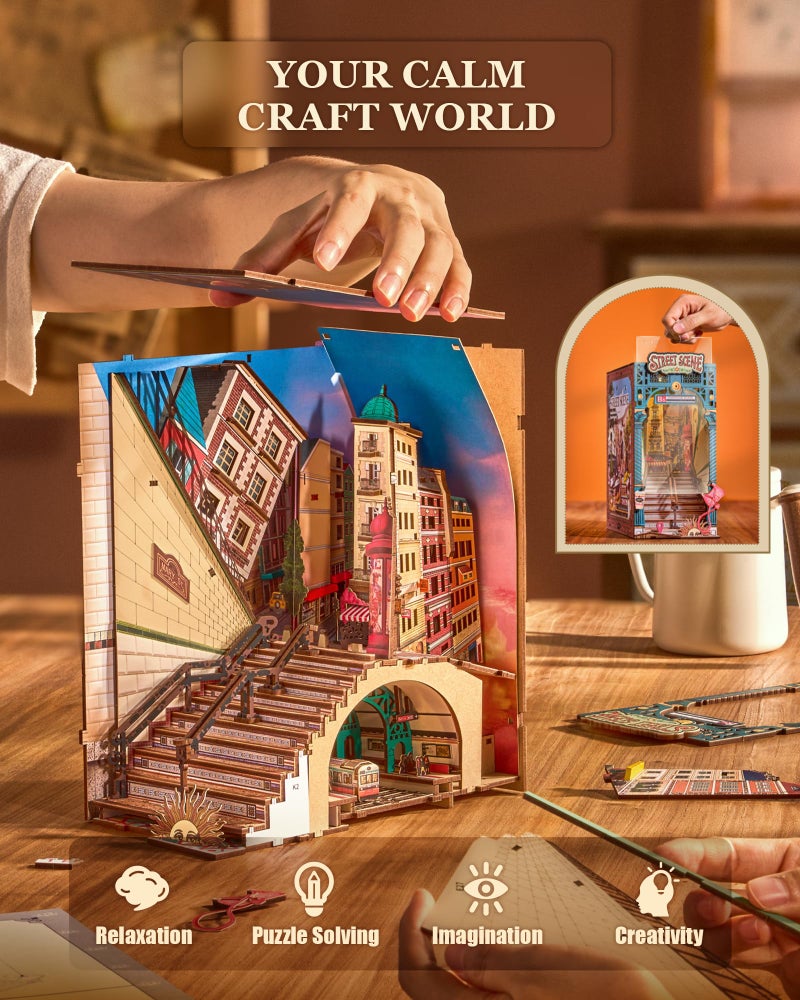 Rolife DIY Book Nook Kits for Adults, Miniature Dollhouse Booknook Kit, 3D Wooden Puzzle Creative Decorative Bookends Bookshelf Diorama Insert Crafts Hobbies Gifts (Street Scene) - Image 5