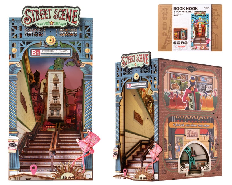 Rolife DIY Book Nook Kits for Adults, Miniature Dollhouse Booknook Kit, 3D Wooden Puzzle Creative Decorative Bookends Bookshelf Diorama Insert Crafts Hobbies Gifts (Street Scene) - Image 1