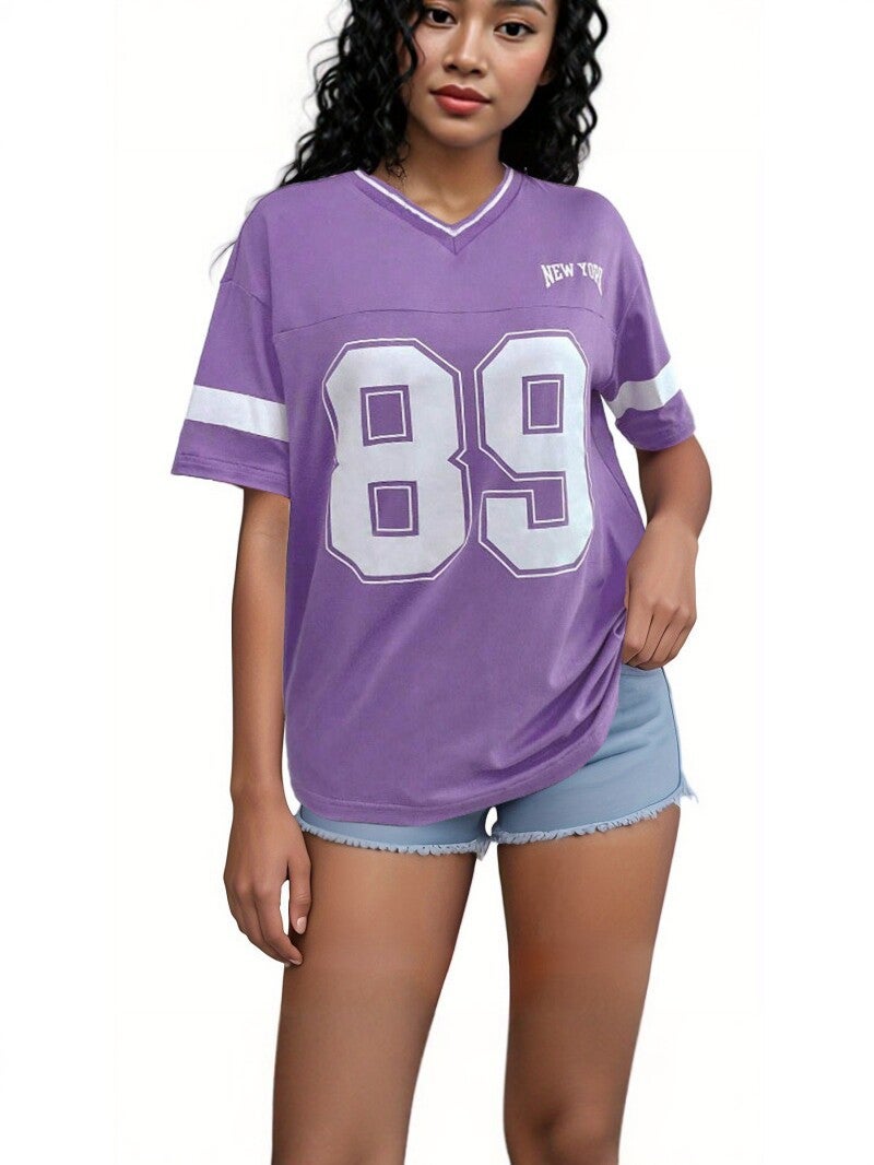 و أسلوب فضفاض V-Neck رقم 89 جيرسي قصيرة الأكمام تي شيرت للنساء ، الرياضة العادية الشارع الموضة العلامة التجارية مطبوعة أعلى - Image 4