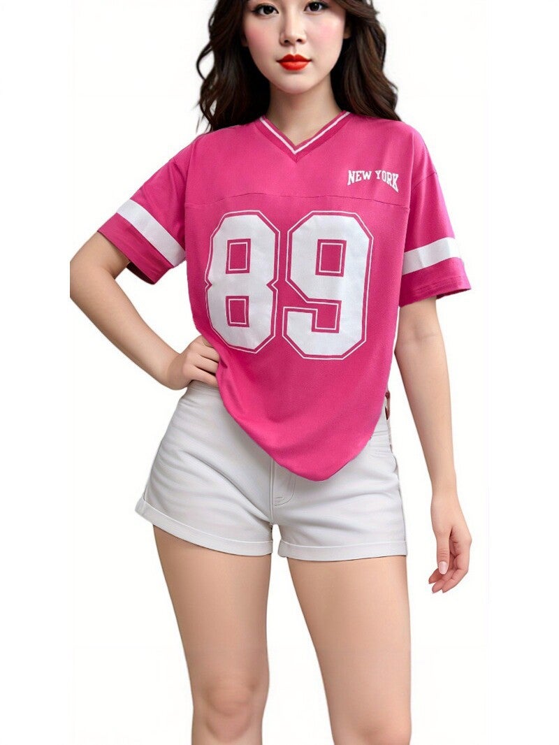 و أسلوب فضفاض V-Neck رقم 89 جيرسي قصيرة الأكمام تي شيرت للنساء ، الرياضة العادية الشارع الموضة العلامة التجارية مطبوعة أعلى - Image 2