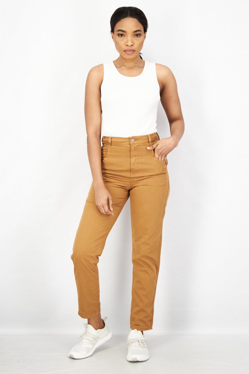 EDC Women Regular Fit Solid Stretchable Denim Jeans, Tan - Image 3