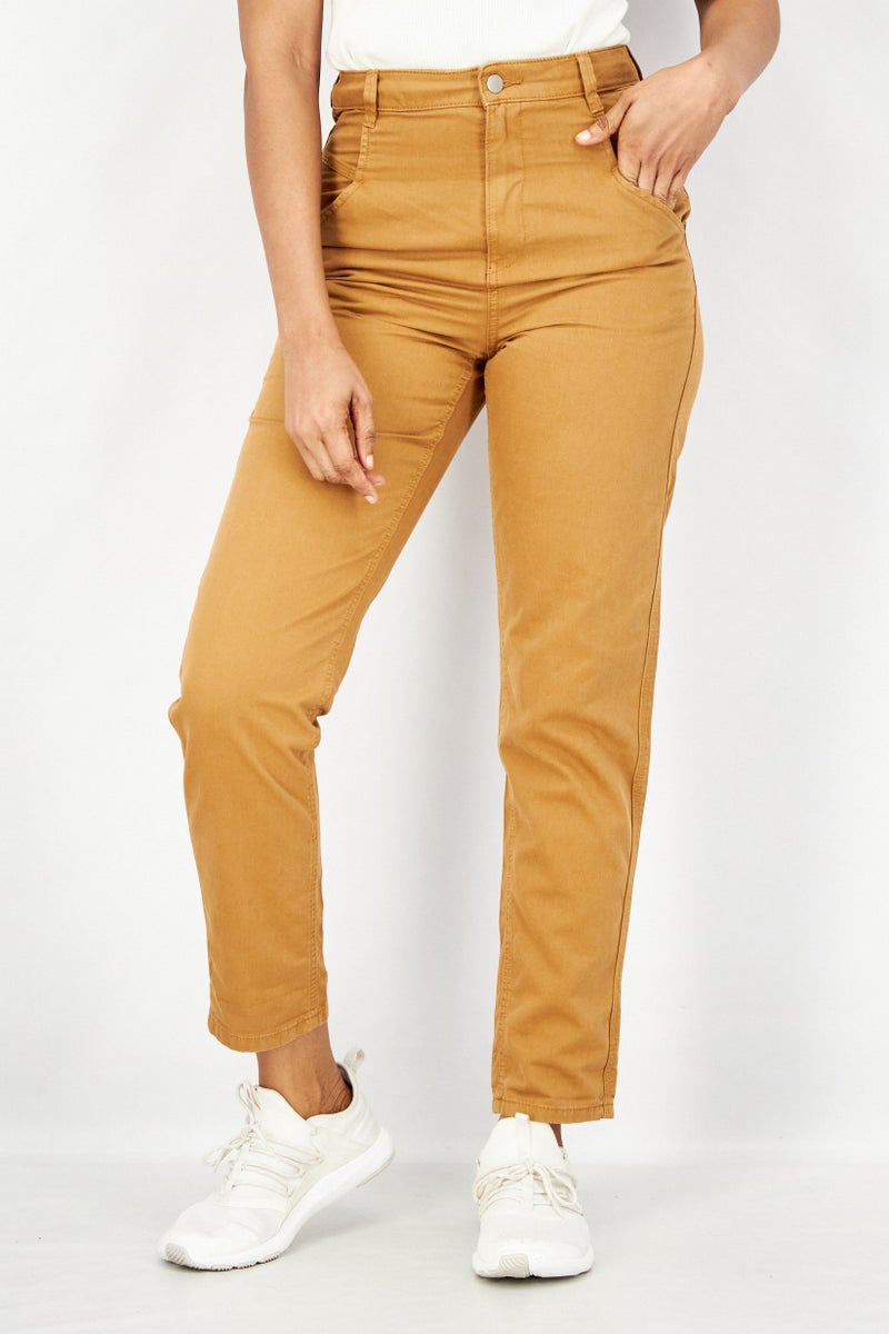 EDC Women Regular Fit Solid Stretchable Denim Jeans, Tan - Image 1