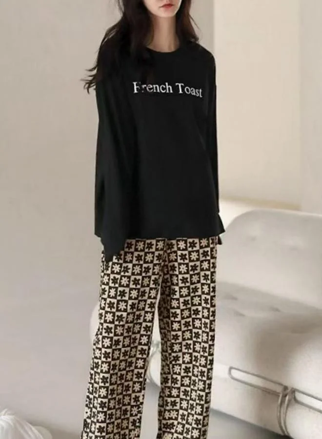 Take Two Black Text Print T-Shirt and Pyjama Set