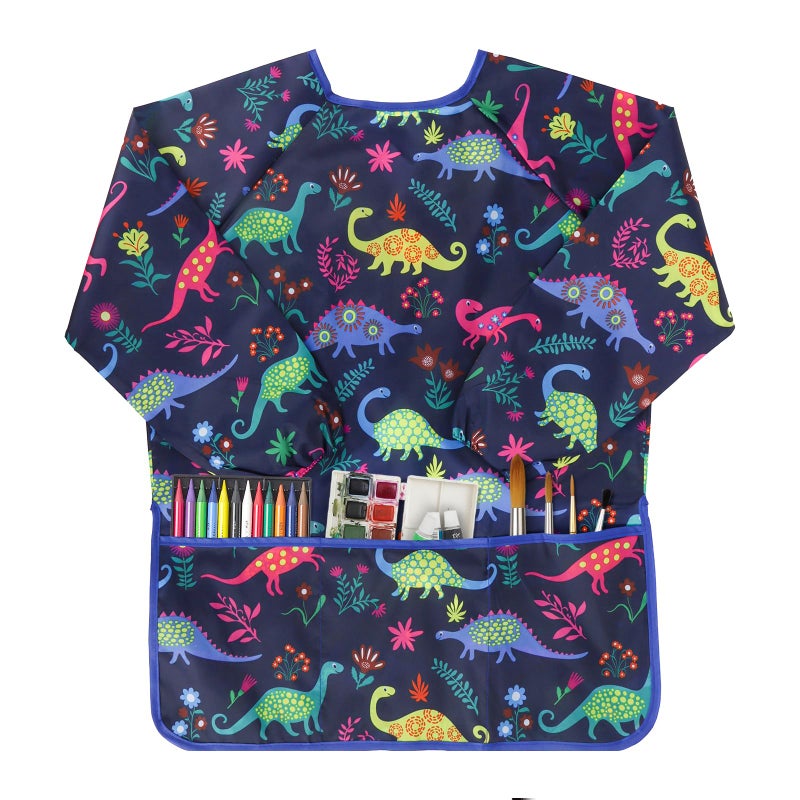 BAHABY Kids Art Smocks Dinosaur Painting Aprons for Children Waterproof Artist Smock with Long Sleeve and 3 Pockets for Age 3-8 Years (Navy-blue) - Image 1