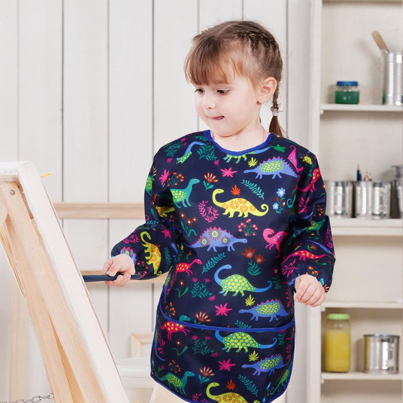 BAHABY Kids Art Smocks Dinosaur Painting Aprons for Children Waterproof Artist Smock with Long Sleeve and 3 Pockets for Age 3-8 Years (Navy-blue) - Image 4