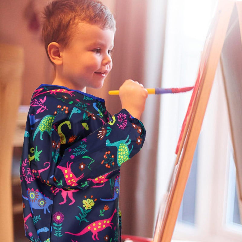BAHABY Kids Art Smocks Dinosaur Painting Aprons for Children Waterproof Artist Smock with Long Sleeve and 3 Pockets for Age 3-8 Years (Navy-blue) - Image 3