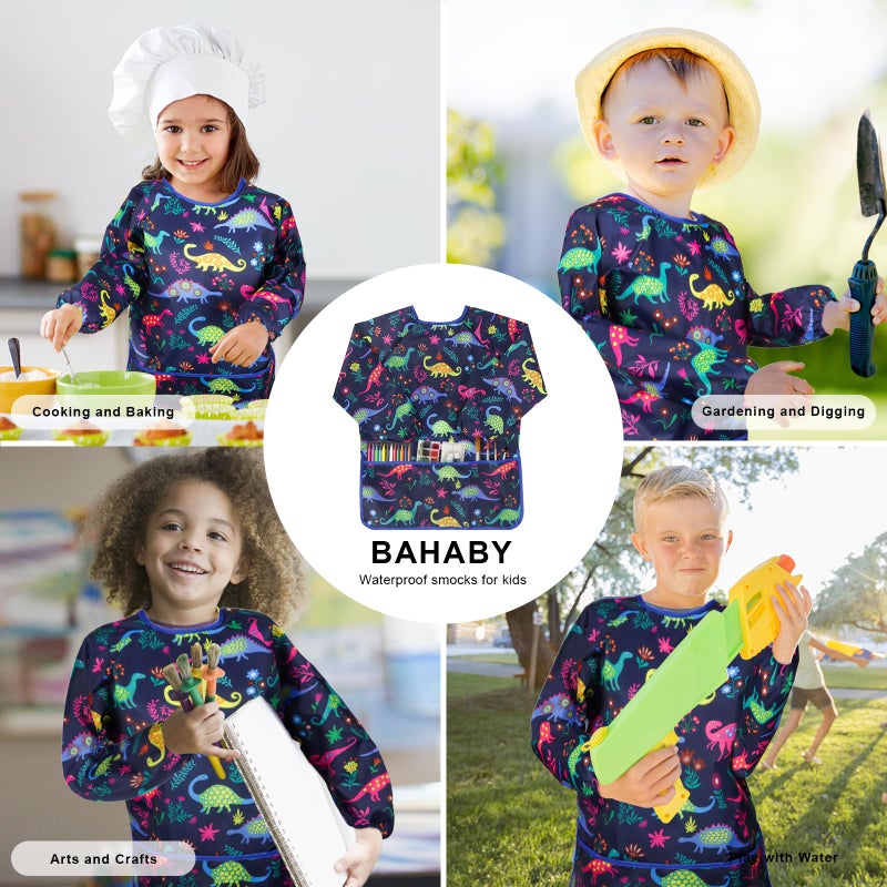 BAHABY Kids Art Smocks Dinosaur Painting Aprons for Children Waterproof Artist Smock with Long Sleeve and 3 Pockets for Age 3-8 Years (Navy-blue) - Image 5
