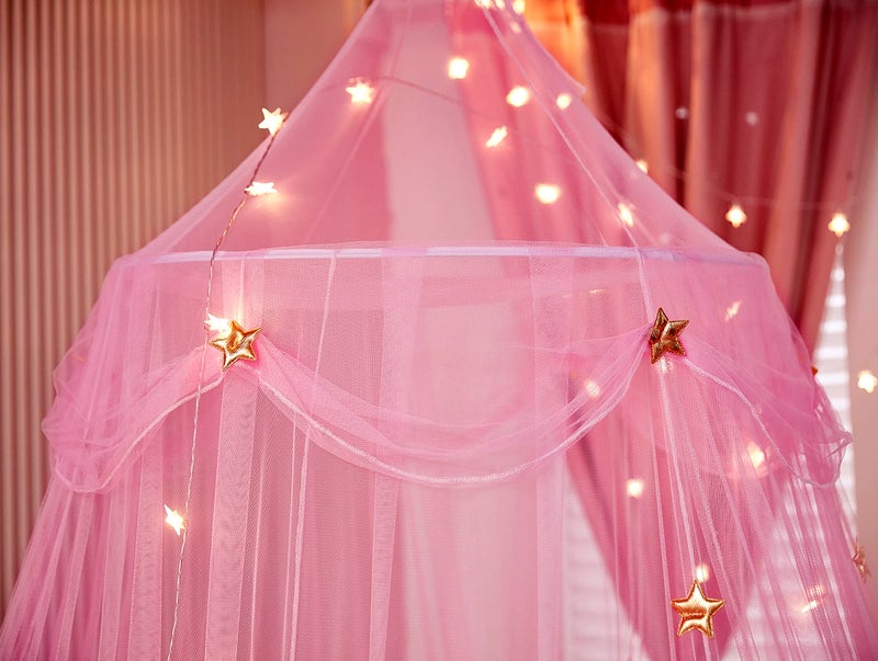 Nattey Bed Canopy for Girls with Star Lights,Princess Canopy Bed Curtains Mosquito Net with Gold Star for Girls Room Decor, Canopy for Bed Twin Single Full Queen Size Bed (Pink) - Image 4