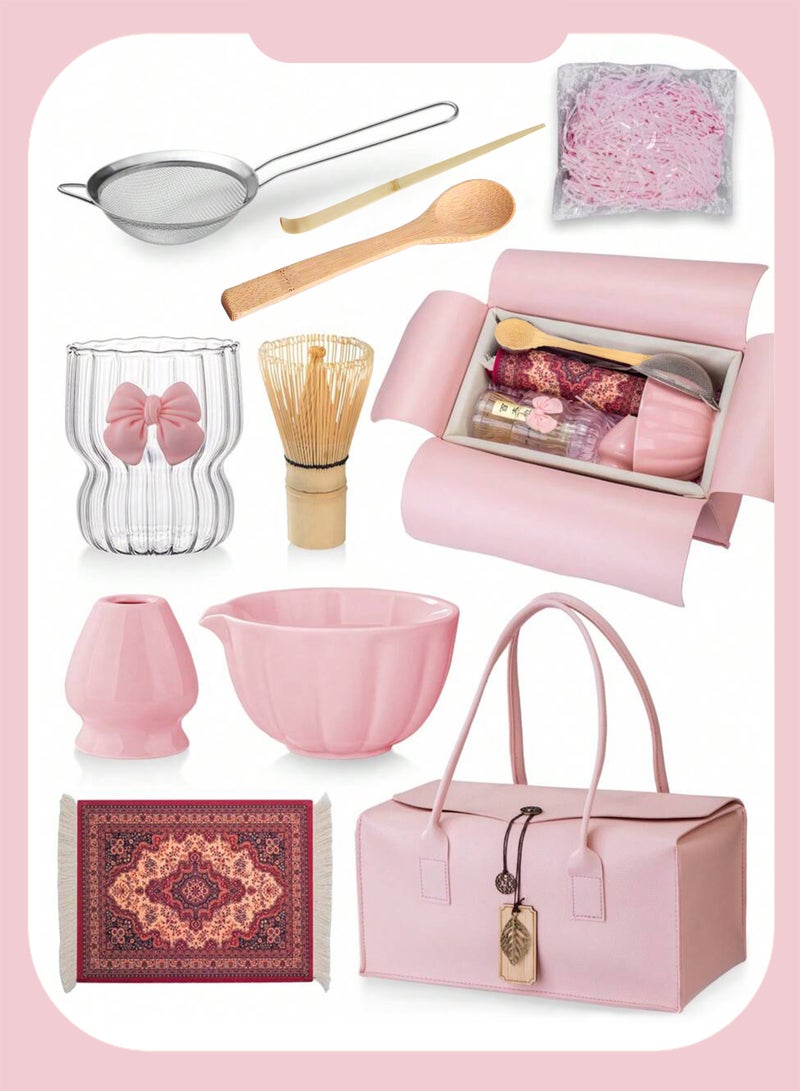 دائرة مربعة مجموعة ماتشا يابانية مكونة من 8 قطع، وعاء ماتشا سيراميكي + حامل خفاقة + خفاقة من الخيزران + ملعقة، لحفل الشاي التقليدي - مجموعة ماتشا مثالية مصنوعة يدويًا من السيراميك الخشن لتحضير شاي ماتشا التقليدي، مجموعة هدايا ماتشا طبيعية 100% (وردي) - Image 1