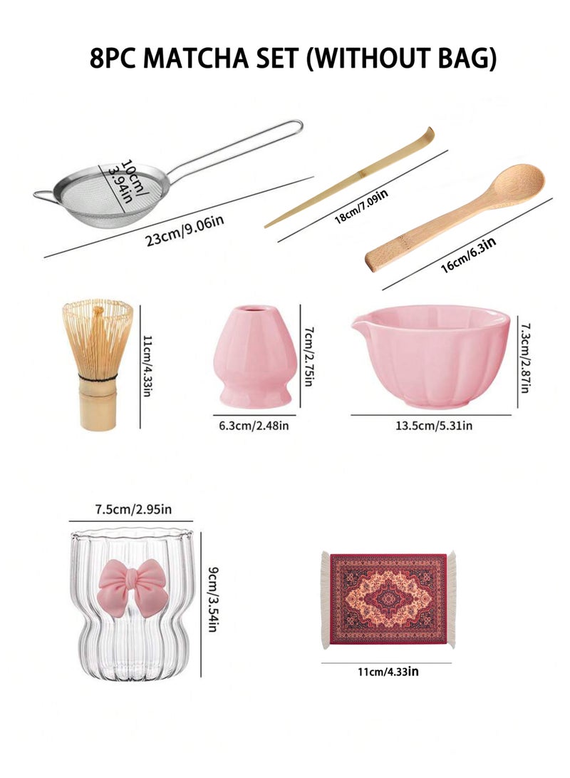 دائرة مربعة مجموعة ماتشا يابانية مكونة من 8 قطع، وعاء ماتشا سيراميكي + حامل خفاقة + خفاقة من الخيزران + ملعقة، لحفل الشاي التقليدي - مجموعة ماتشا مثالية مصنوعة يدويًا من السيراميك الخشن لتحضير شاي ماتشا التقليدي، مجموعة هدايا ماتشا طبيعية 100% (وردي) - Image 4