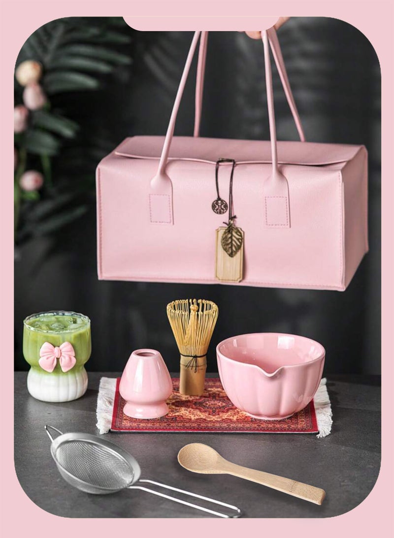 دائرة مربعة مجموعة ماتشا يابانية مكونة من 8 قطع، وعاء ماتشا سيراميكي + حامل خفاقة + خفاقة من الخيزران + ملعقة، لحفل الشاي التقليدي - مجموعة ماتشا مثالية مصنوعة يدويًا من السيراميك الخشن لتحضير شاي ماتشا التقليدي، مجموعة هدايا ماتشا طبيعية 100% (وردي) - Image 2