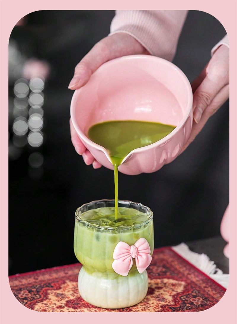 دائرة مربعة مجموعة ماتشا يابانية مكونة من 8 قطع، وعاء ماتشا سيراميكي + حامل خفاقة + خفاقة من الخيزران + ملعقة، لحفل الشاي التقليدي - مجموعة ماتشا مثالية مصنوعة يدويًا من السيراميك الخشن لتحضير شاي ماتشا التقليدي، مجموعة هدايا ماتشا طبيعية 100% (وردي) - Image 3