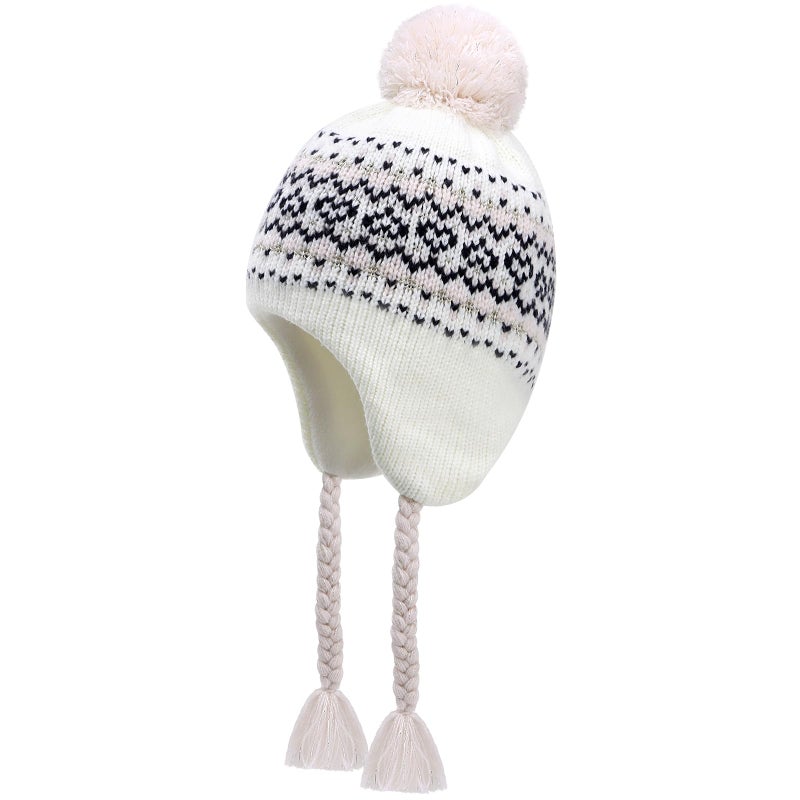 Otoyzy Winter Peruvian Hat Earflap Fleece Lined Pompon Knit Hat Beanie for 3-10T Baby Girls - Image 2