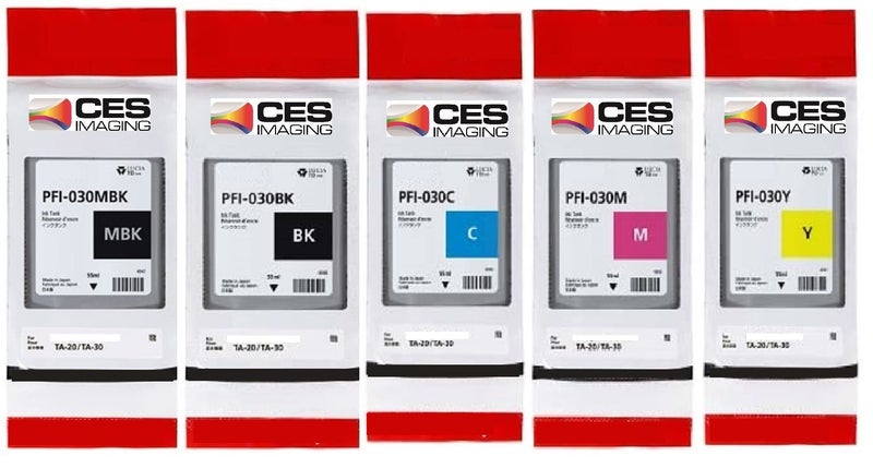 CES Imaging Canon PFI-030 55ml Ink Tank Set (Black, Matte Black, Cyan, Magenta, Yellow) for Canon imagePROGRAF TA-20 and TA-30 - Image 1