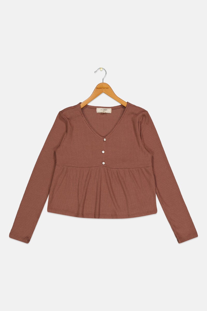 No Comment Kids  Girl V Neck Long Sleeve Textured Peplum Top, Brown  - Image 1