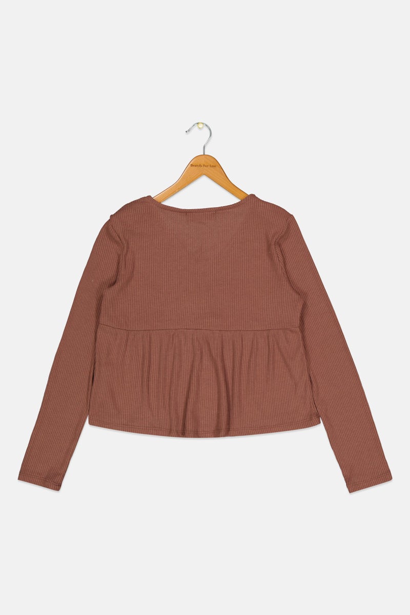 No Comment Kids  Girl V Neck Long Sleeve Textured Peplum Top, Brown  - Image 2
