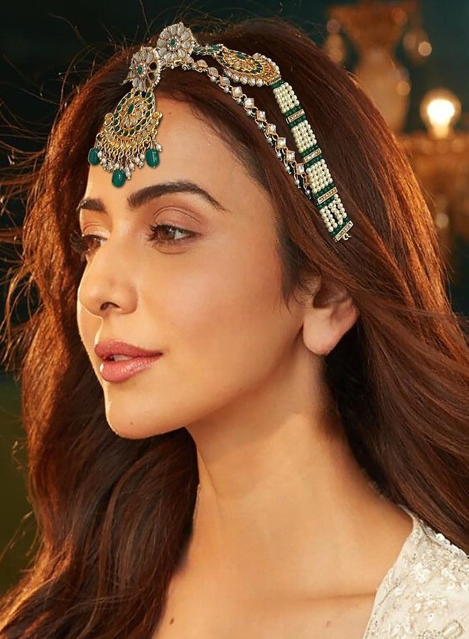 اكسيشر طقم ماثاباتي/شيشفول للعرائس مطلي بالذهب من أكسيشر، بتصميم تقليدي مرصع بالكوندان واللؤلؤ، مع زوج من رقعات دعم مانغ تيكا المريحة | للنساء والفتيات - Image 2
