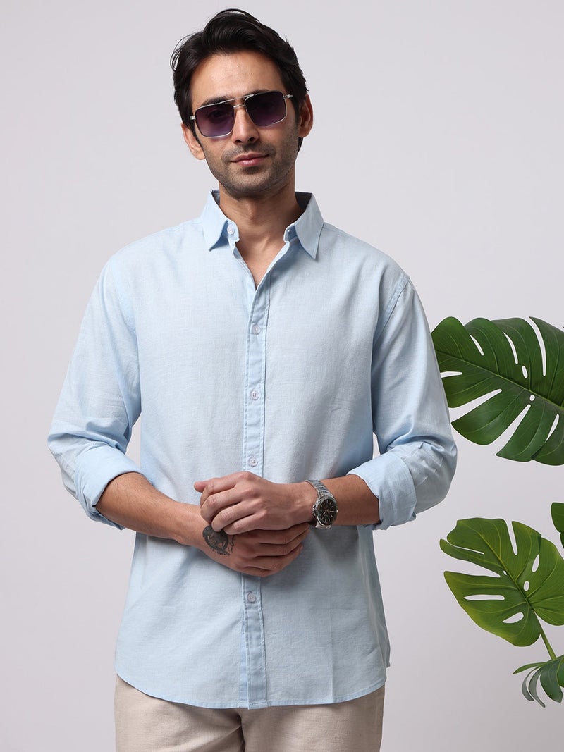 Maniac Solid Mens Collared Neck Full Sleeve Cotton Linen Sky Blue Shirt - Image 1