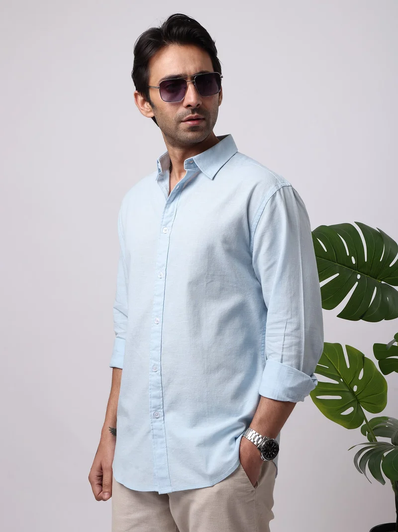 Maniac  Maniac Solid Mens Collared Neck Full Sleeve Cotton Linen Sky Blue Shirt for Men | Best Price UAE