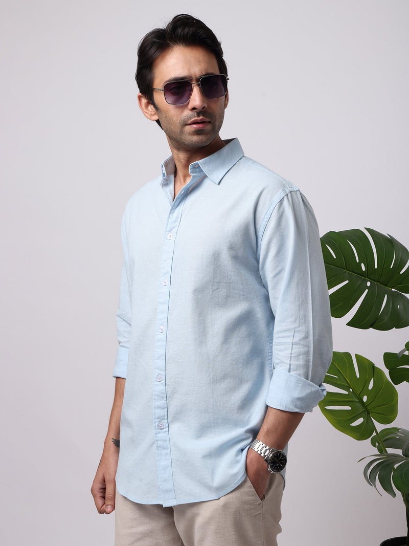 Maniac Solid Mens Collared Neck Full Sleeve Cotton Linen Sky Blue Shirt - Image 3