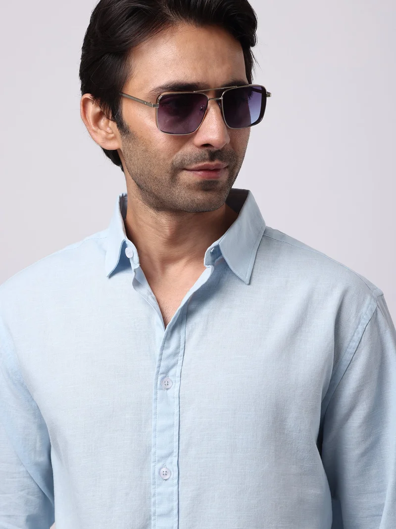 مانياك Maniac Solid Mens Collared Neck Full Sleeve Cotton Linen Sky Blue Shirt