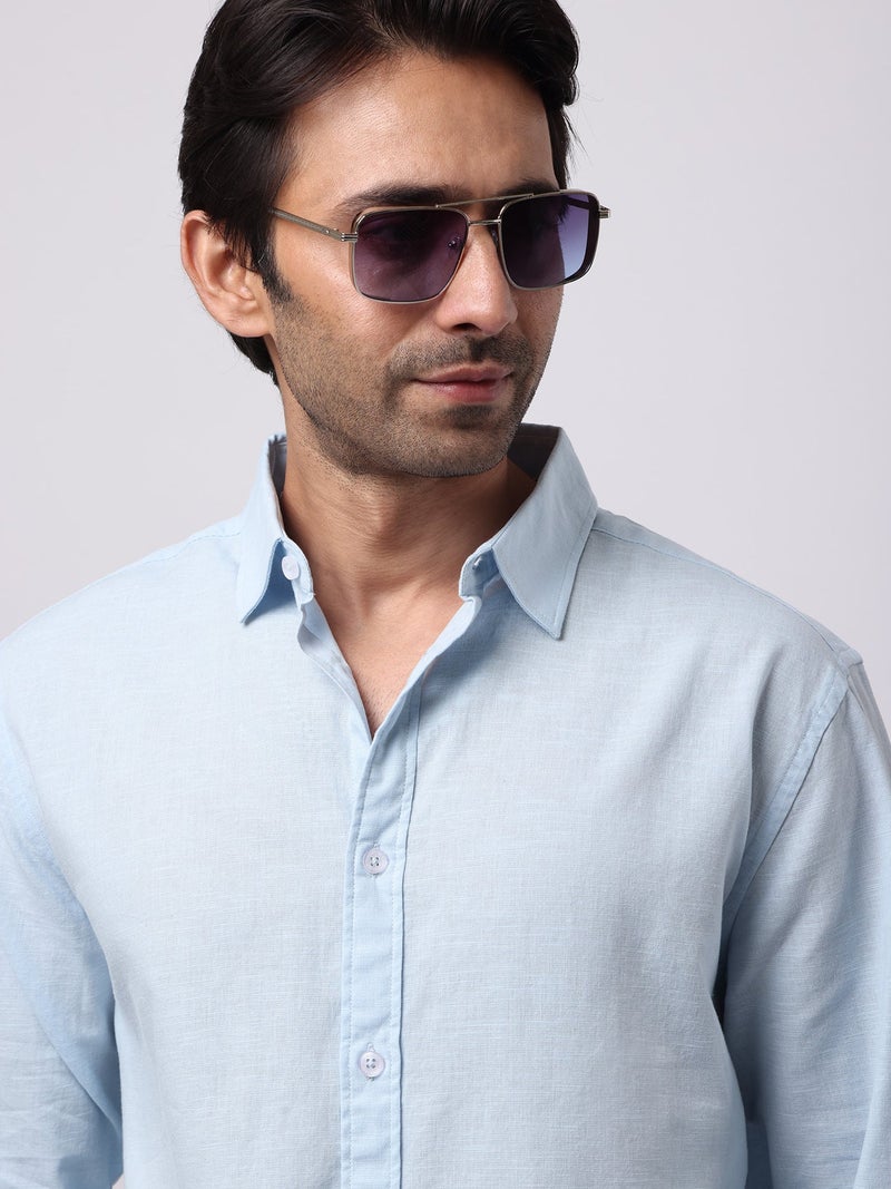Maniac Solid Mens Collared Neck Full Sleeve Cotton Linen Sky Blue Shirt - Image 2
