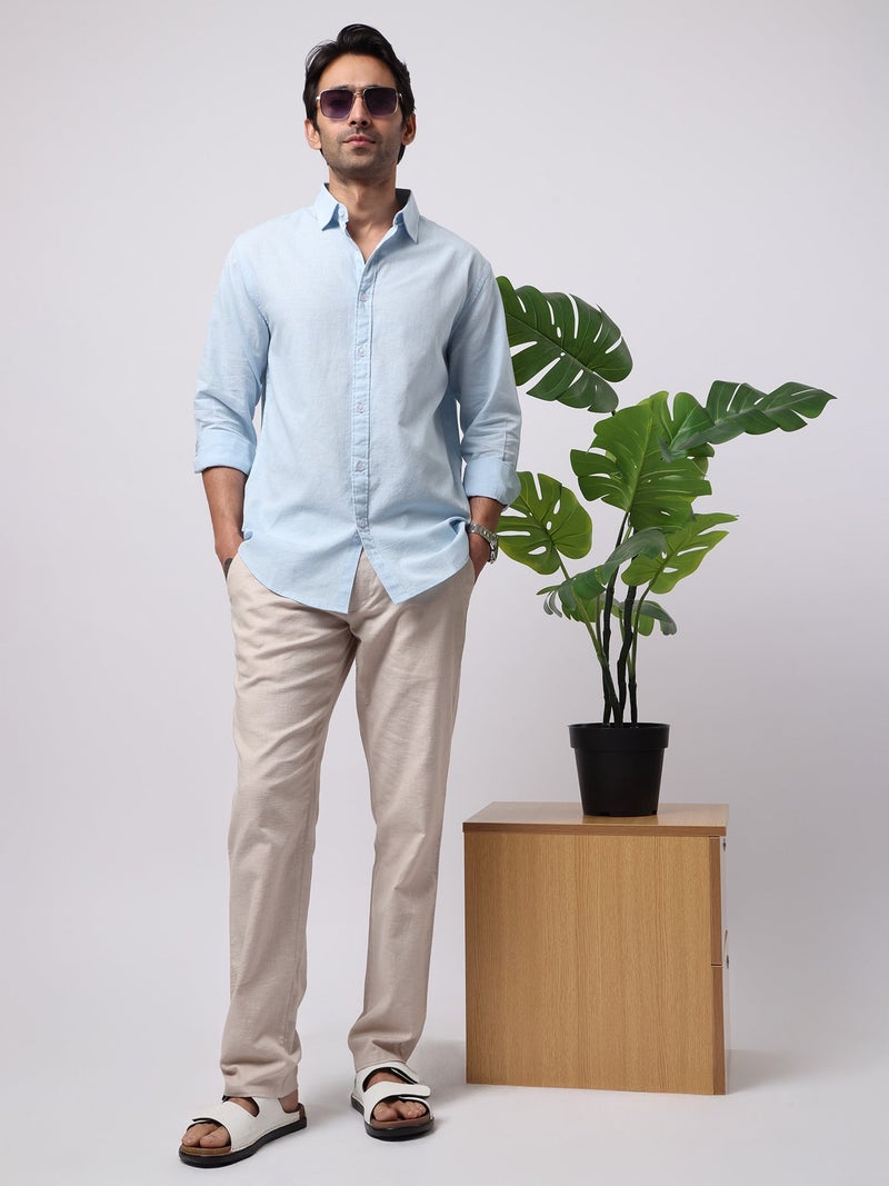 Maniac Solid Mens Collared Neck Full Sleeve Cotton Linen Sky Blue Shirt - Image 5